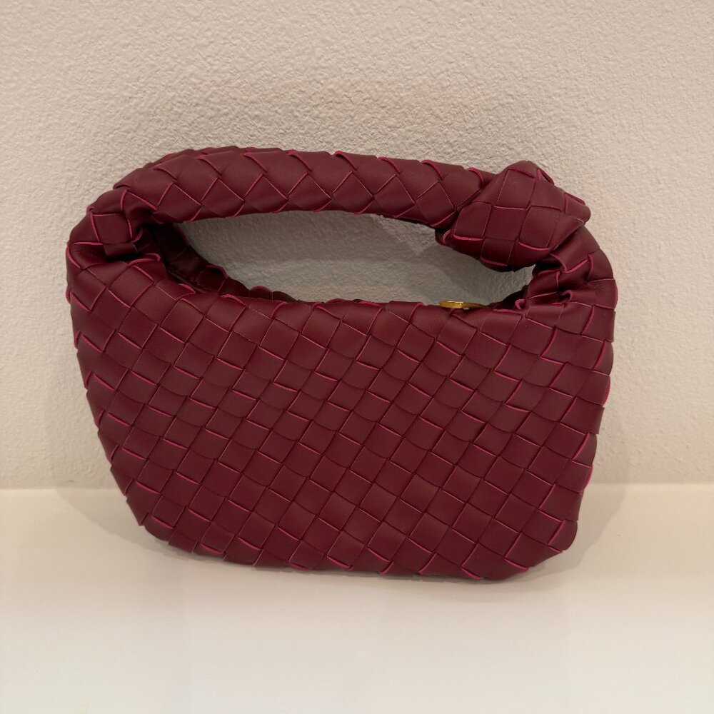 Burgundy Woven Knot Handle Shoulder Bag Intrecciato Style Mini Hobo